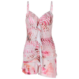 V neck ruffle ruched print backless cami mini dress
