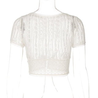 Short sleeve button lace see through crop top