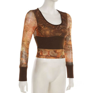 U neck long sleeve knitted mesh patchwork abstract top