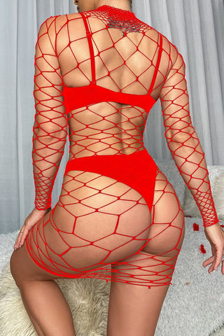 Long sleeve high neck fishnet hollow out lingerie set