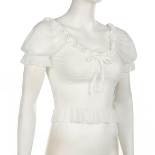 Short puff sleeve ruffle ruched knotted crop top