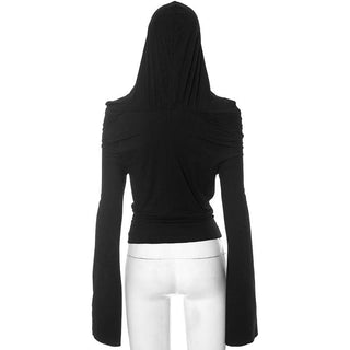 Cowl neck hoodie long flared sleeve solid 2-way top