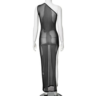One shoulder sheer mesh print high slit maxi dress