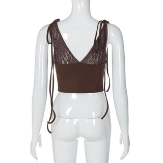 V neck see through lace ribbed patchwork ruched backless top