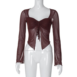 Sweetheart neck long sleeve mesh crop top