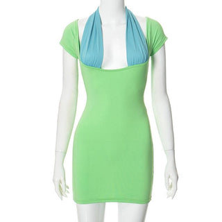 Short sleeve low cut patchwork knotted mini dress