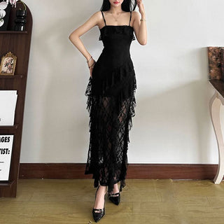 Square neck ruffle slit cami maxi dress