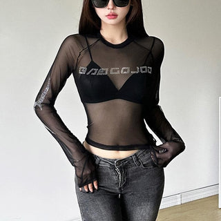 Long sleeve beaded sheer mesh top