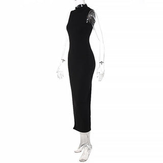 High neck sleeveless solid slit irregular midi dress