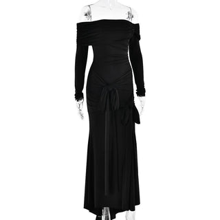 Off shoulder long sleeve ruched self tie maxi dress