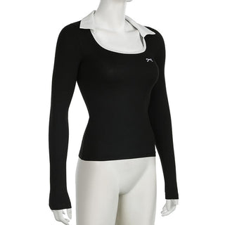 Long sleeve turnover collar bowknot embroidery top