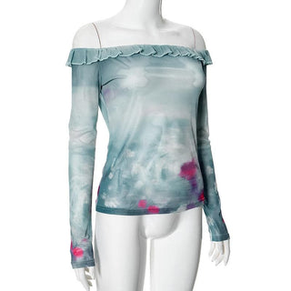 Long sleeve off shoulder tie dye ruffle sheer mesh top