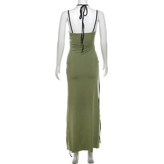 Halter contrast hollow out slit cami cut out midi dress