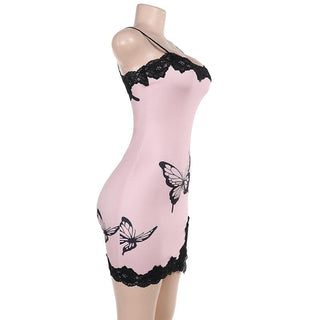 Lace hem butterfly print slit cami mini dress