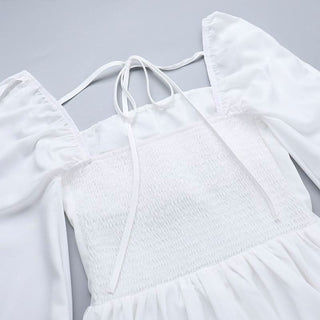 Long sleeve self tie square neck smocked mini dress