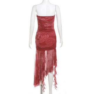 Ruched mesh loong print ruffle tube midi dress