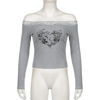 Long sleeve off shoulder ribbed heart pattern lace hem top