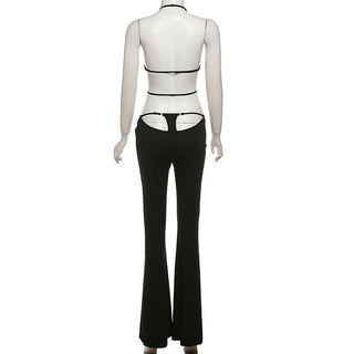 Halter hollow out solid backless pant set