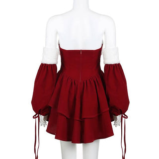 Fluffy sweetheart neck gloves fluffy self tie mini dress