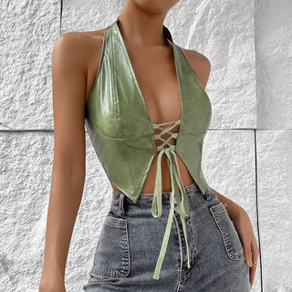 Halter PU leather lace up top