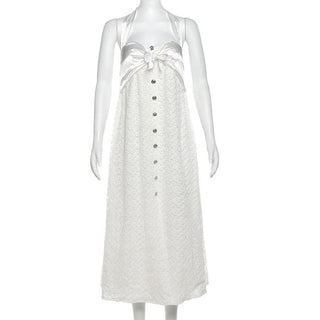 Halter bowknot button flower pattern slit midi dress