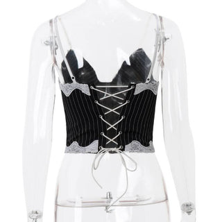 Striped lace hem stitch lace up cami top