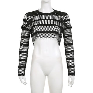 Hollow out long sleeve fishnet see through buckle solid crop cut out top