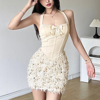 Halter bowknot feather glitter bustier beaded mini dress