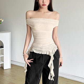 Off shoulder sheer mesh ruffle top