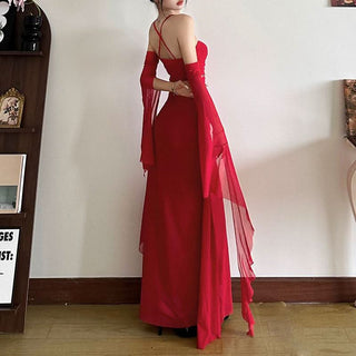 Cross back ruched gloves mesh cami maxi dress