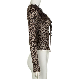 Long sleeve ruffle leopard print bowknot ribbon top