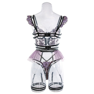Embroidery metal chain mesh garter lingerie set