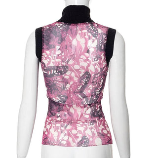 Sleeveless high neck butterfly print mesh top