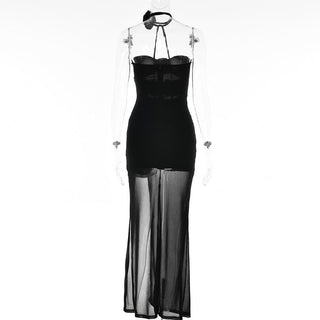 Flower applique sheer mesh hollow out solid backless zip-up slit tube cut out midi dress