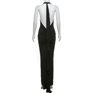 Halter v neck flower applique backless ruched maxi dress