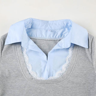 Turnover collar patchwork long sleeve lace hem knitted top