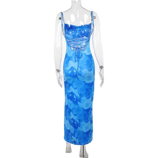 Cowl neck contrast print backless lace up cami maxi dress