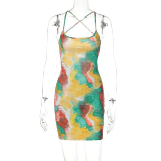 Tie dye lace up backless cami mini dress