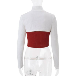 Long sleeve high neck bowknot lace hem 2 piece top