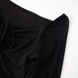 Off shoulder long sleeve mesh slit ruched self tie top