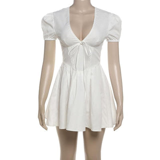 Puff sleeve v neck bowknot zip-up mini dress