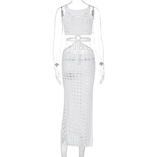 U neck knitted o ring see through tank midi dress