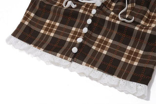 Halter v neck plaid ruffle button crop top