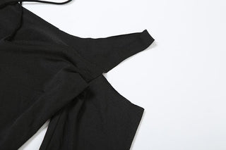 Hollow out long sleeve halter cross front self tie cut out maxi dress