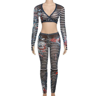 Long sleeve striped dragon print sheer mesh pant set