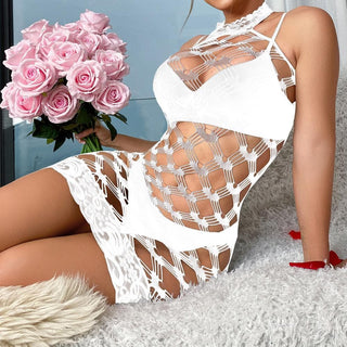 Halter net hollow out solid bodysuit