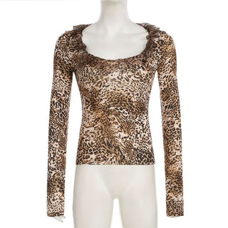 Long sleeve leopard print ruffle top