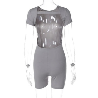 Short sleeve crewneck solid backless hollow out romper