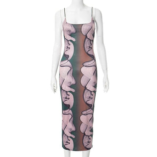 U neck abstract print contrast cami midi dress
