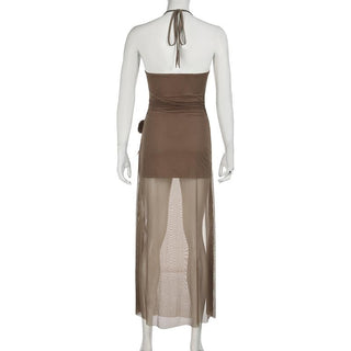 Halter mesh slit flower applique maxi dress
